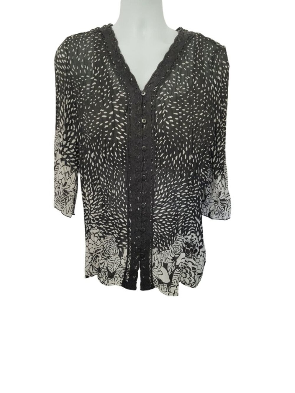 CJ Banks Womens 1X Button-Up Blouse Dark Artsy Black White Sheer Boho Cottagecor